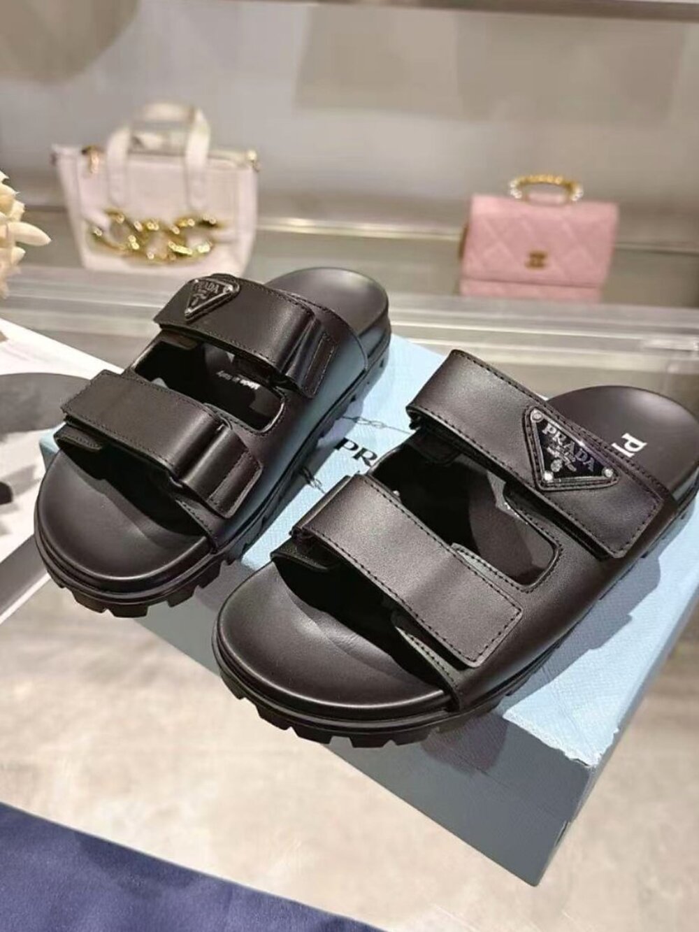 Prada Black Leather Dual Strap Platform Slide Sandals - Picture 2 of 8